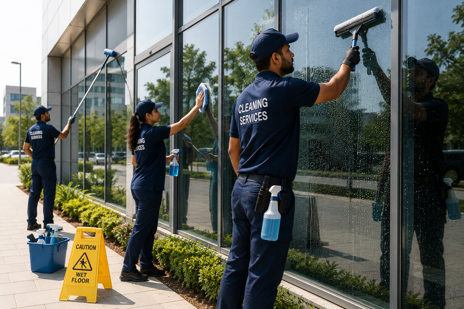 A hand wiping a window frame and glass pane with a yellow sponge