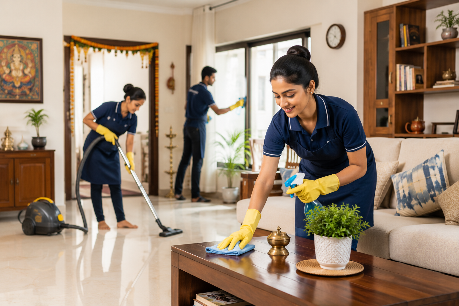A Vanishpro cleaner carrying a cleaning caddy and broom through a bright home