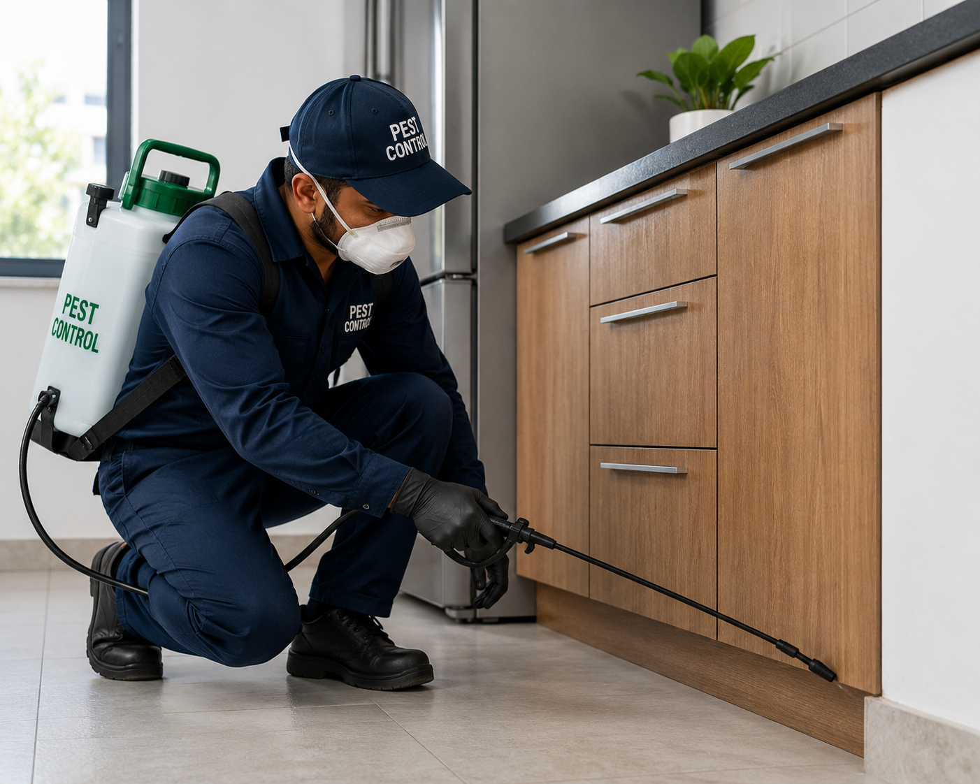 A pest control technician treating the exterior perimeter of a house